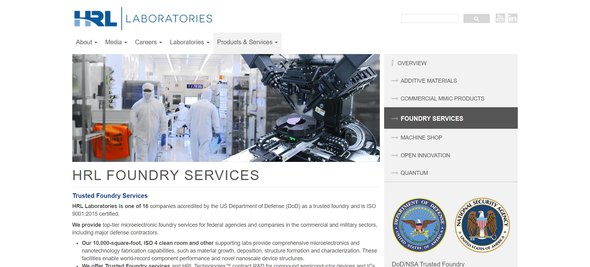 screenshot of HRL Laboratories's Official Website