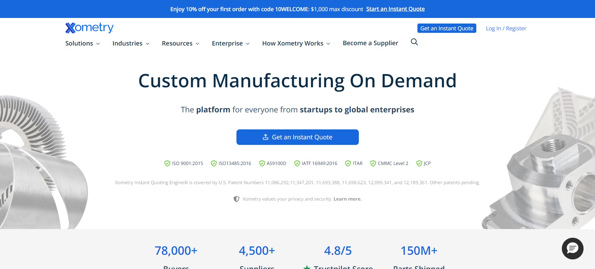 screenshot of Xometry's Official Website